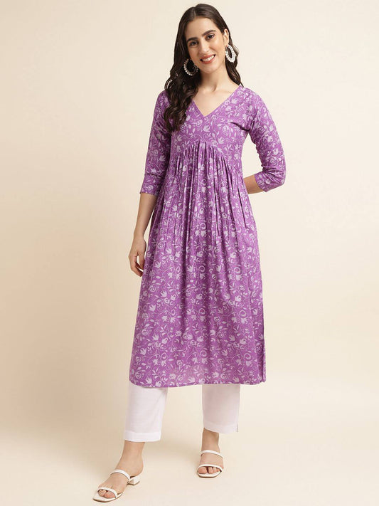 Fabclub Rayon Anarkali Printed Women Kurti (Purple)- Brand Kiosk Store