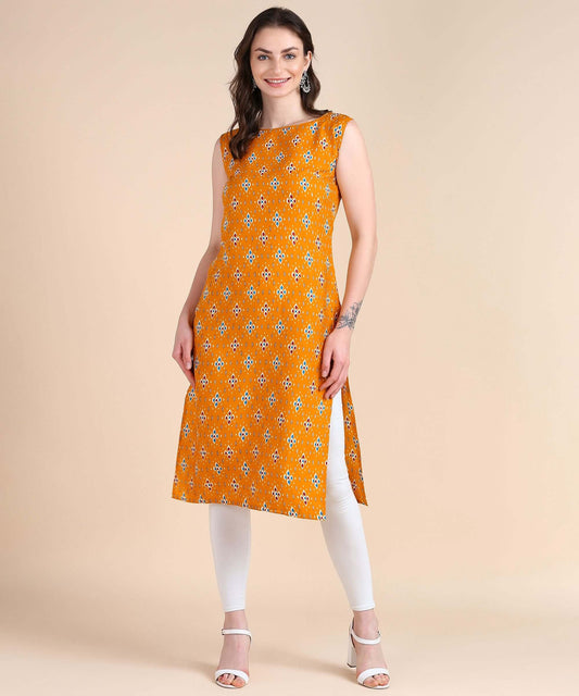 Women's Sleeveless Boat Neck Solid Casual Fancy Long Kurtis- Brand Kiosk Store