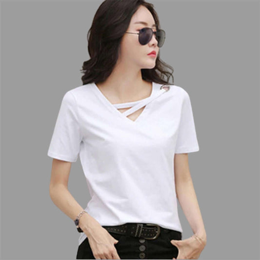 Popster White solid Cotton V-Neck Regular Fit Half Sleeve Womens T-Shirt- Brand Kiosk Store