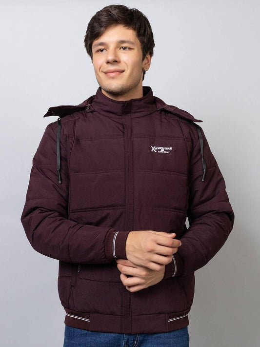 Xohy Men's Full Sleeve Tailored Puffer Wine Hooded Jacket- Brand Kiosk Store