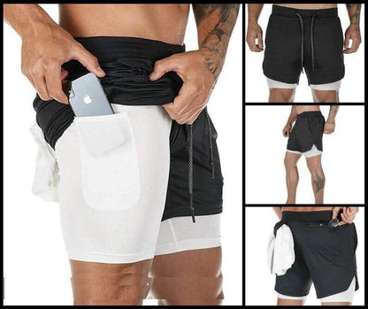 2 in 1 Running Shorts Built in Base Layer Pants Pocket- Brand Kiosk Store