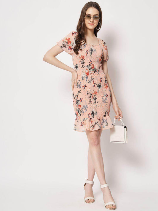 TRENDARREST Women's Peach Printed Smocking Dress- Brand Kiosk Store