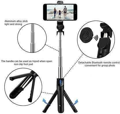 XT-02 Mobile Stand with Selfie Stick and Tripod XT-02 Aluminium Bluetooth Remote Control Selfie Stick (Black)- Brand Kiosk Store