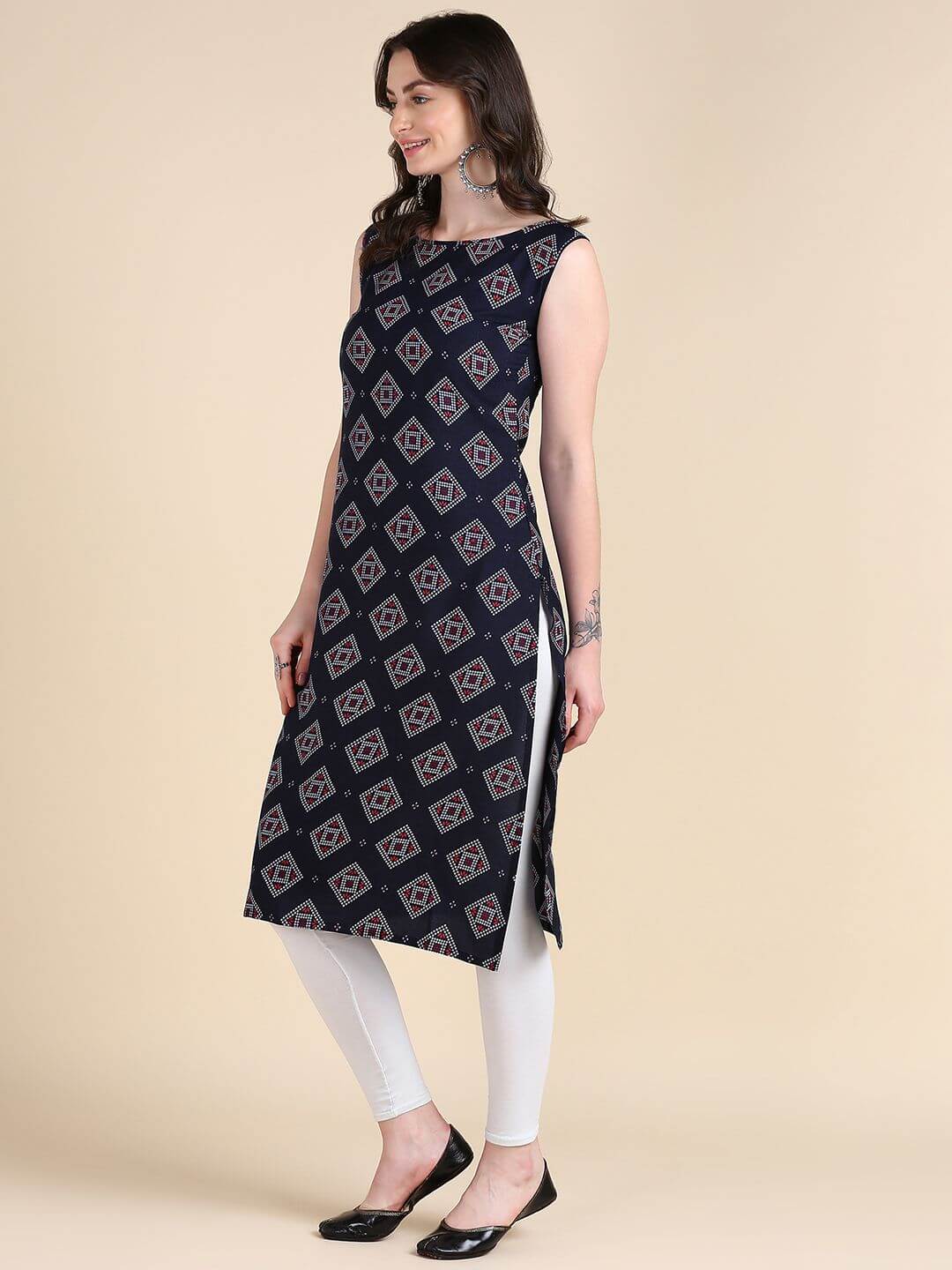 Women's Sleeveless Boat Neck Solid Casual Fancy Long Kurtis- Brand Kiosk Store