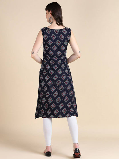 Women's Sleeveless Boat Neck Solid Casual Fancy Long Kurtis- Brand Kiosk Store