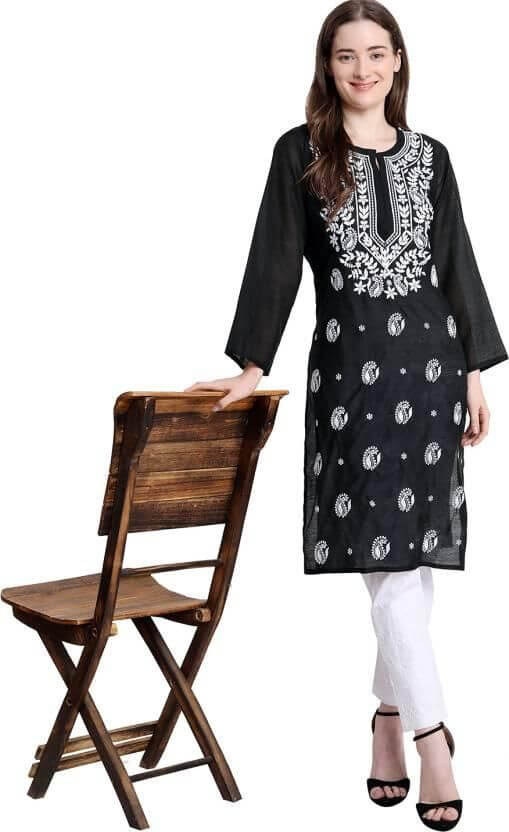 Women Chikan Embroidery Straight Kurta- Brand Kiosk Store