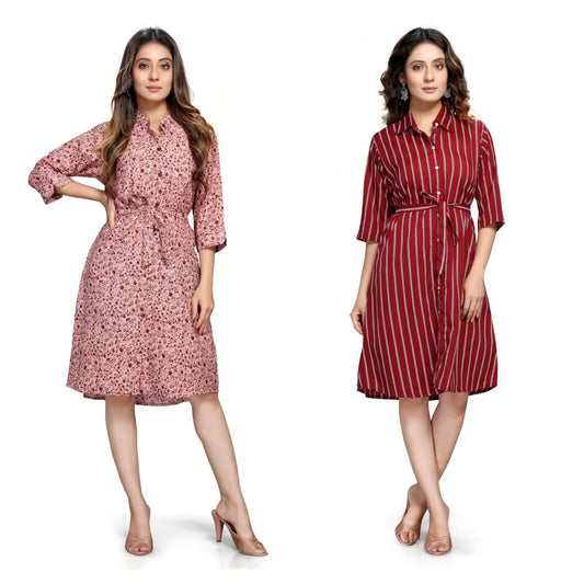 Women's Crepe Printed Shirt Style Short Dress Buy 1 Get 1 Free- Brand Kiosk Store