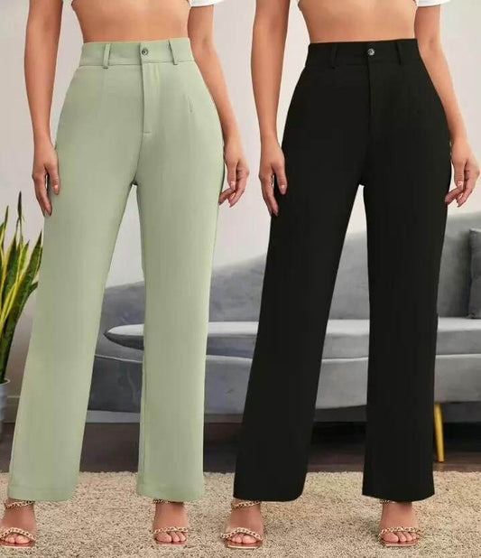 Elegant Pista & Black Lycra Pants Solid Trousers Combo For Women- Brand Kiosk Store