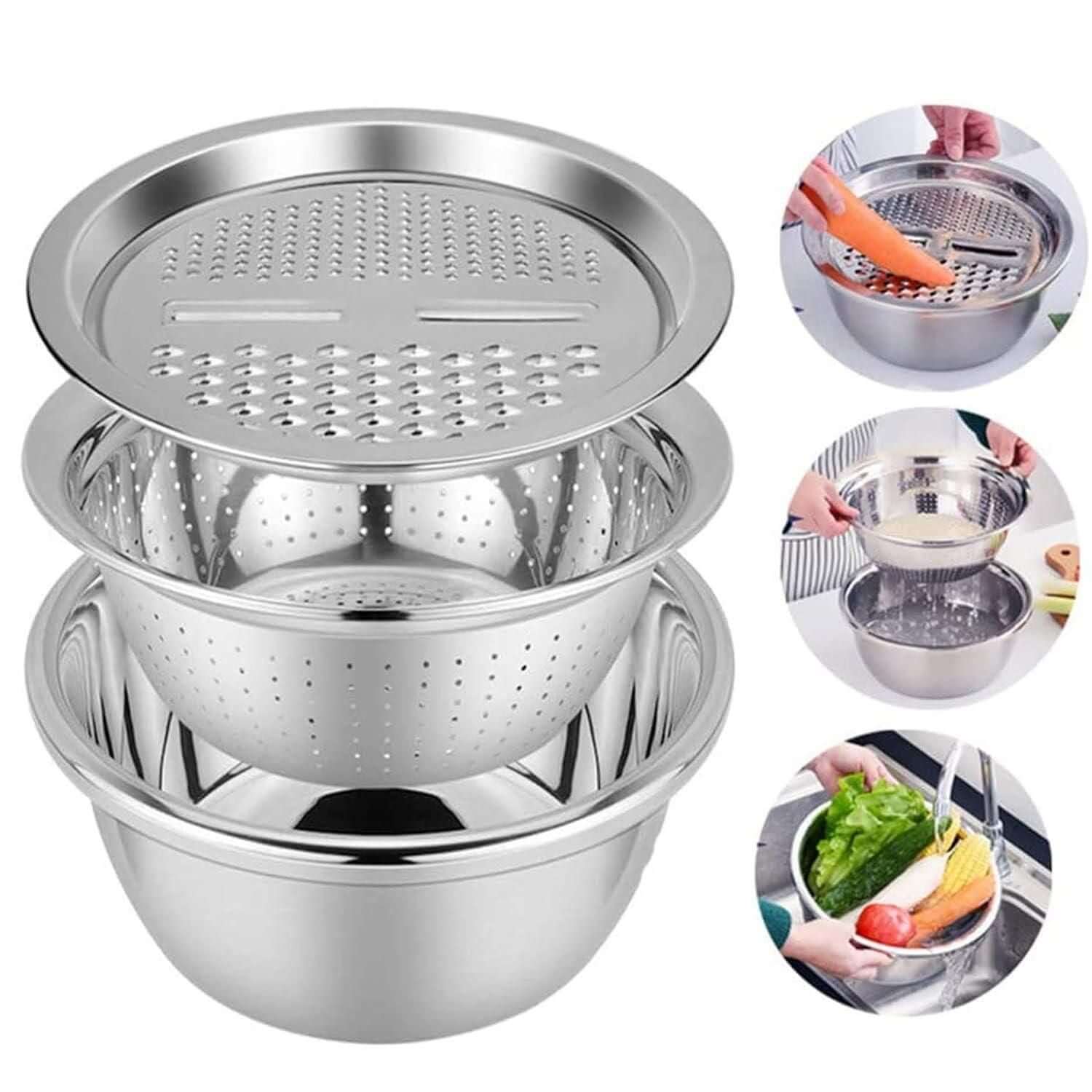 3 in 1 Multifunctional Grater Basin Stainless Steel Colanders Set- Brand Kiosk Store