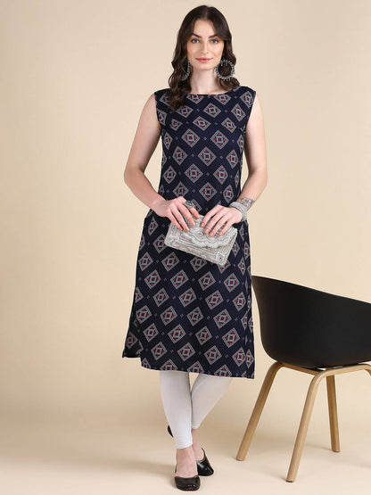 Women's Sleeveless Boat Neck Solid Casual Fancy Long Kurtis- Brand Kiosk Store