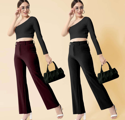 Elegant Wine & Black Lycra Solid Trousers Combo For Women- Brand Kiosk Store