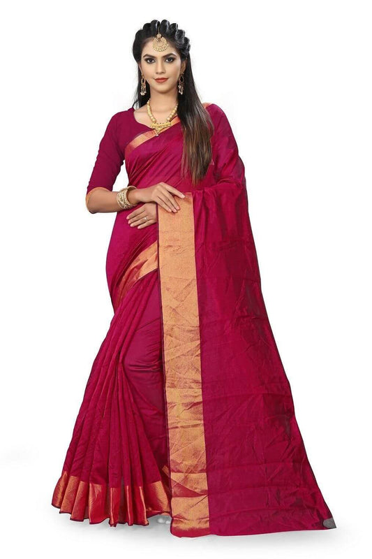 Ethnic Solid Art Silk Saree With Golden Border- Brand Kiosk Store