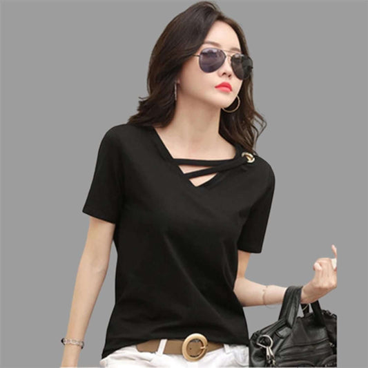 Popster Black solid Cotton V-Neck Regular Fit Half Sleeve Womens T-Shirt- Brand Kiosk Store