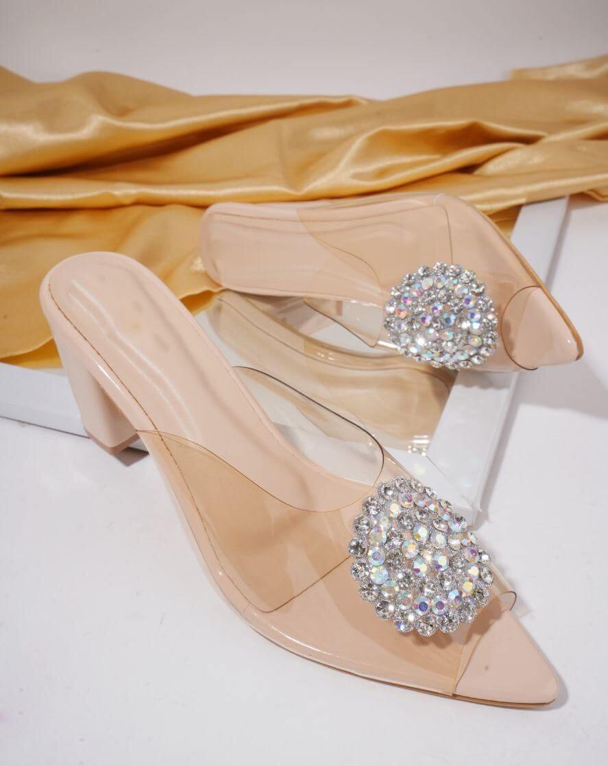 Transparent Block Heel Stone Studded Sandal For Women's- Brand Kiosk Store