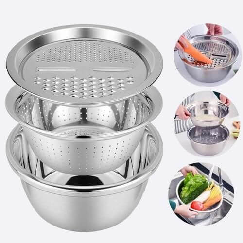 3 in 1 Multifunctional Grater Basin Stainless Steel Colanders Set- Brand Kiosk Store