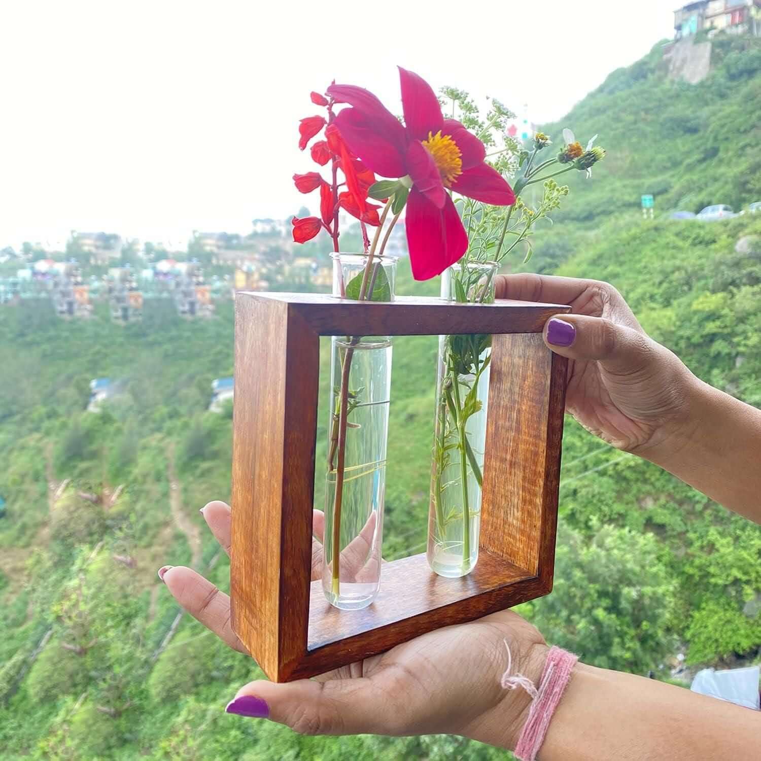 Glass Planter with Wooden Stand- Brand Kiosk Store