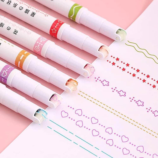 Linear Roller Color Pens Highlighters with 6 Different Curve Shapes (Set of 6)- Brand Kiosk Store