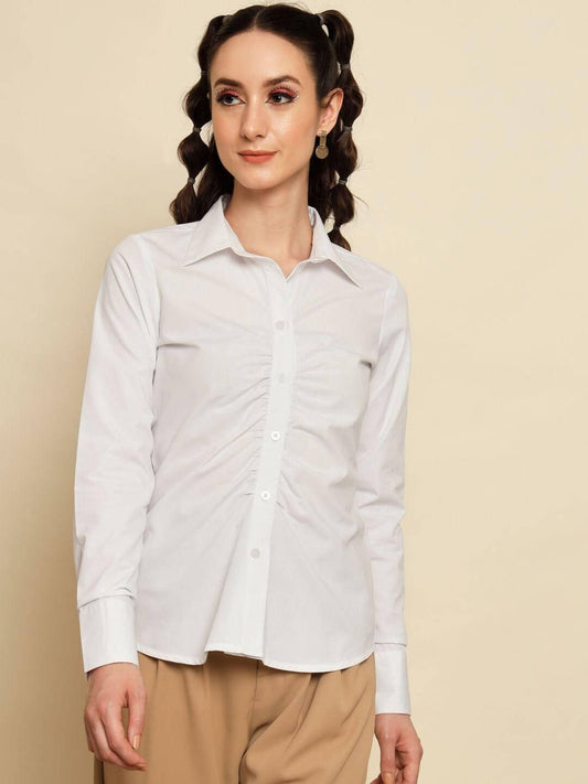 TRENDARREST Women's White Gather Detail Shirt- Brand Kiosk Store