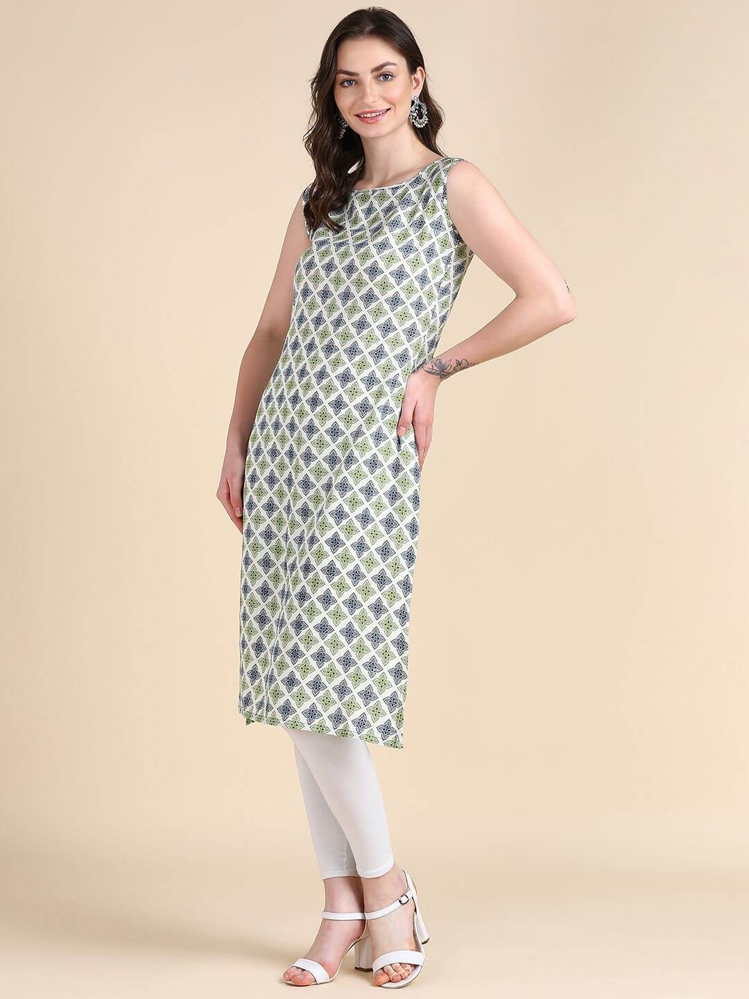 Women's Sleeveless Boat Neck Solid Casual Fancy Long Kurtis- Brand Kiosk Store