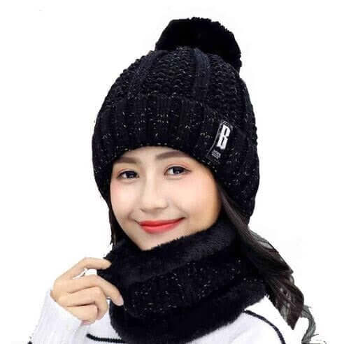 Women's Winter Soft Warm 1 Set Snow Proof Ball Cap / Woolen Beanie Cap with Scarf- Brand Kiosk Store